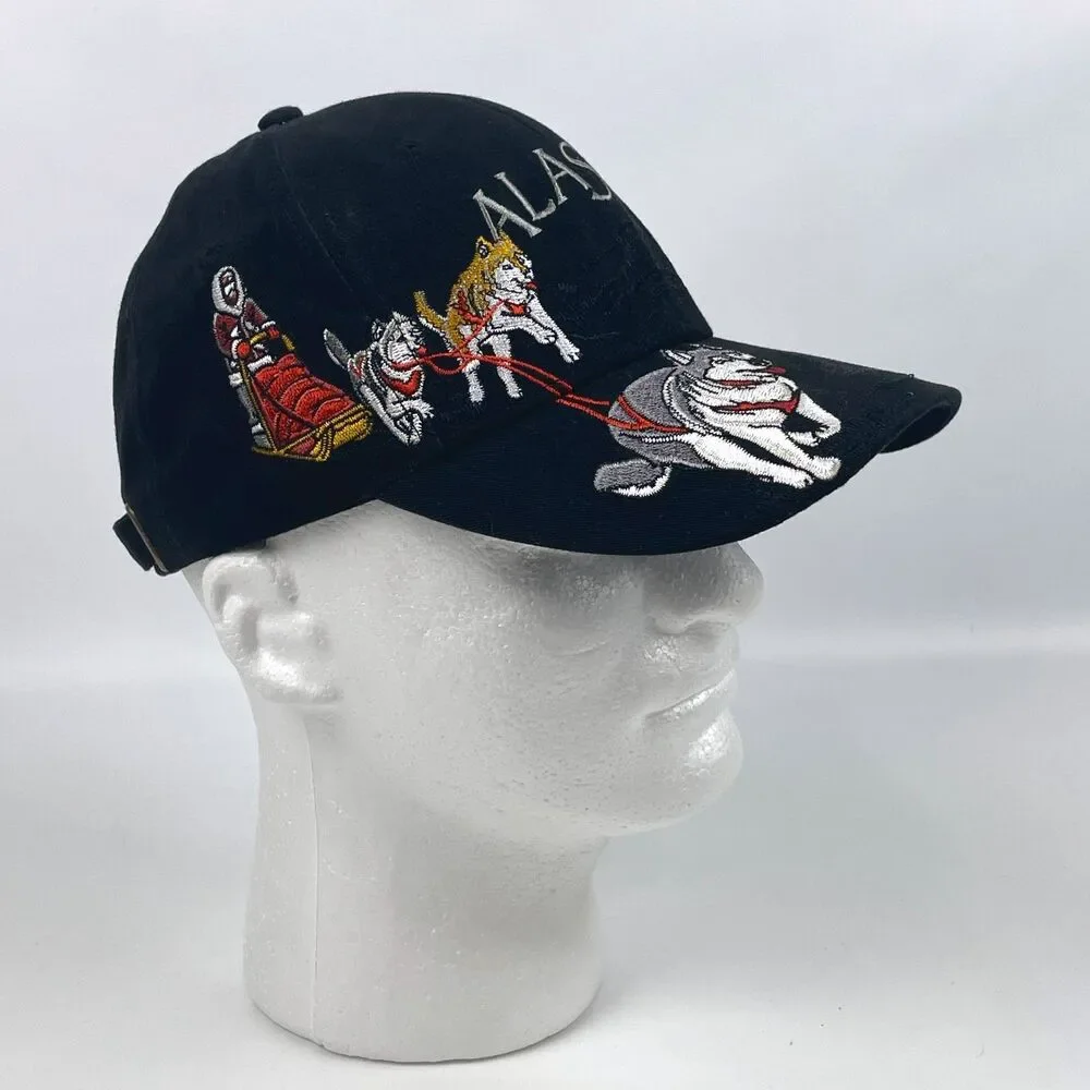 ALASKA Embroidered Husky Sled Dog Team Black Ball Hat Cap Adjustable Iditarod
